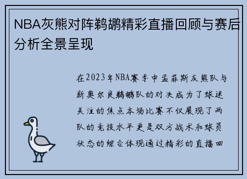 NBA灰熊对阵鹈鹕精彩直播回顾与赛后分析全景呈现
